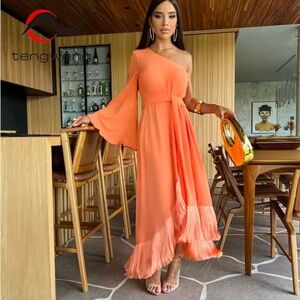 Solid Sexy One-Shoulder Frayed Swing Maxi Dress in Orange or Black